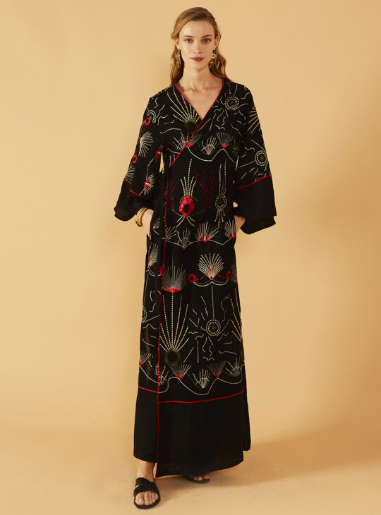 NEMA RESORTWEAR ARETHA Φόρεμα μαύρο με χρυσά και κόκκινα κεντήματα||NEMA RESORTWEAR ||Γυναικεία ρούχα