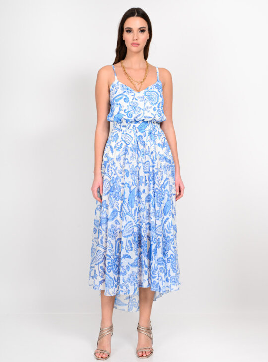 WE COSS Ασύμμετρο φόρεμα σε μπλε με λευκό print||Midi Φορεματα||ΚΑΛΟΚΑΙΡΙΝΑ ΓΥΝΑΙΚΕΙΑ ΡΟΥΧΑ